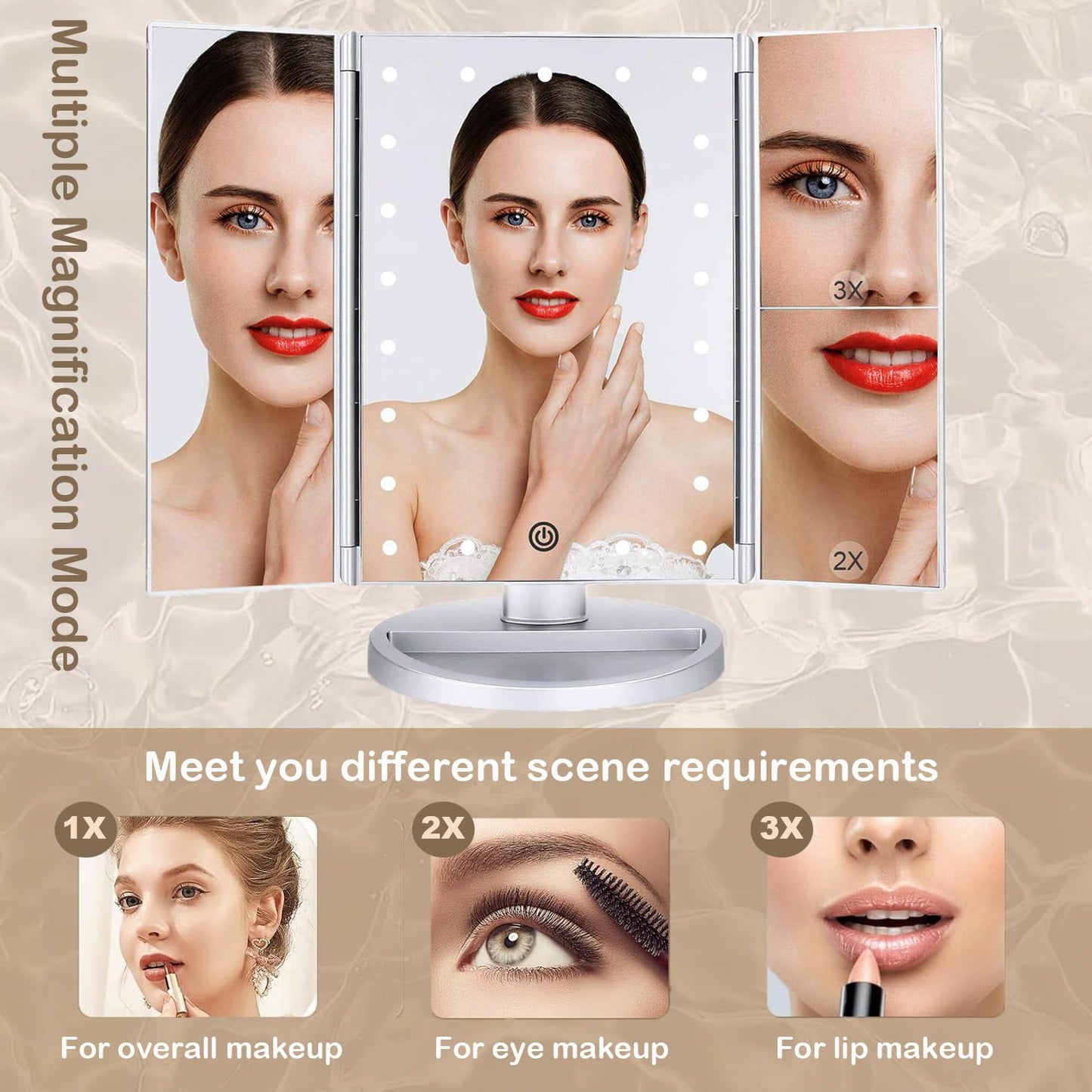 Flymiro Tri-fold Lighted Vanity Makeup Mirror with 3x/2x Magnification,21 LEDs Light and Touch Screen,180 Degree Free Rotation Countertop Cosmetic Mirror,Travel (White)