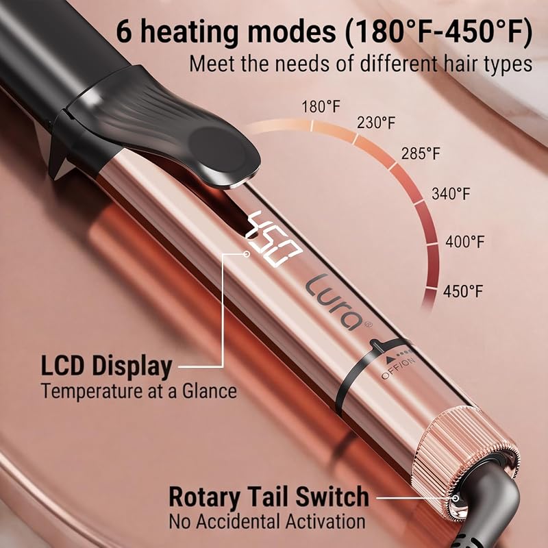 1.25 Inch Oval Ceramic Curling Iron with Temperature LCD - Long Barrel Pro Curling Wand, Auto Shut-Off