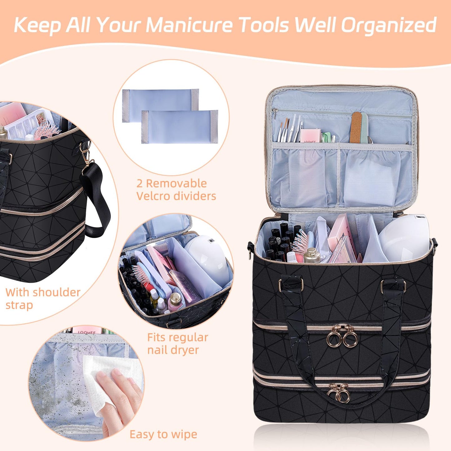 Nail Polish Organizer Case,3 Layer Nail Polish Organizer Bag Holds 84 Bottles (15ml/0.5 fl.oz) Nail Supplies Organizer,Nail Bag PU Leather Nail Carrying Nail Kit Supplies Organizer Case (Black)