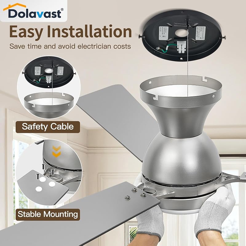 52-Inch Nickel Ceiling Fan with Light, DC Motor, Remote & App Control - Low Profile, Dimmable LED