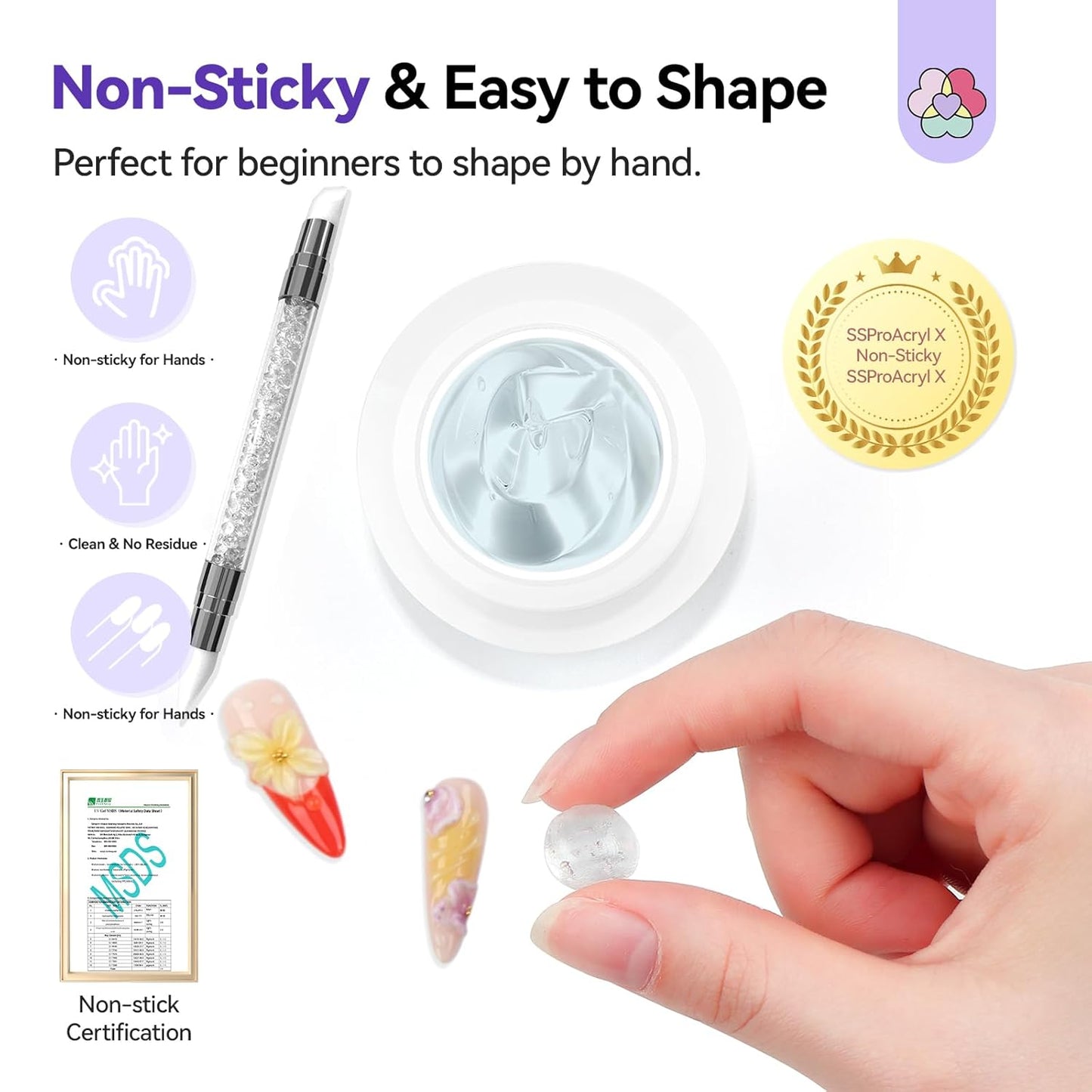 Builder Nail Gel Kit - 4 Colors (Clear, Nude, White, Pink) for Nail Extensions & 3D Sculpting - Long-Lasting Non-Sticky Hard Gel with Chrome Powder