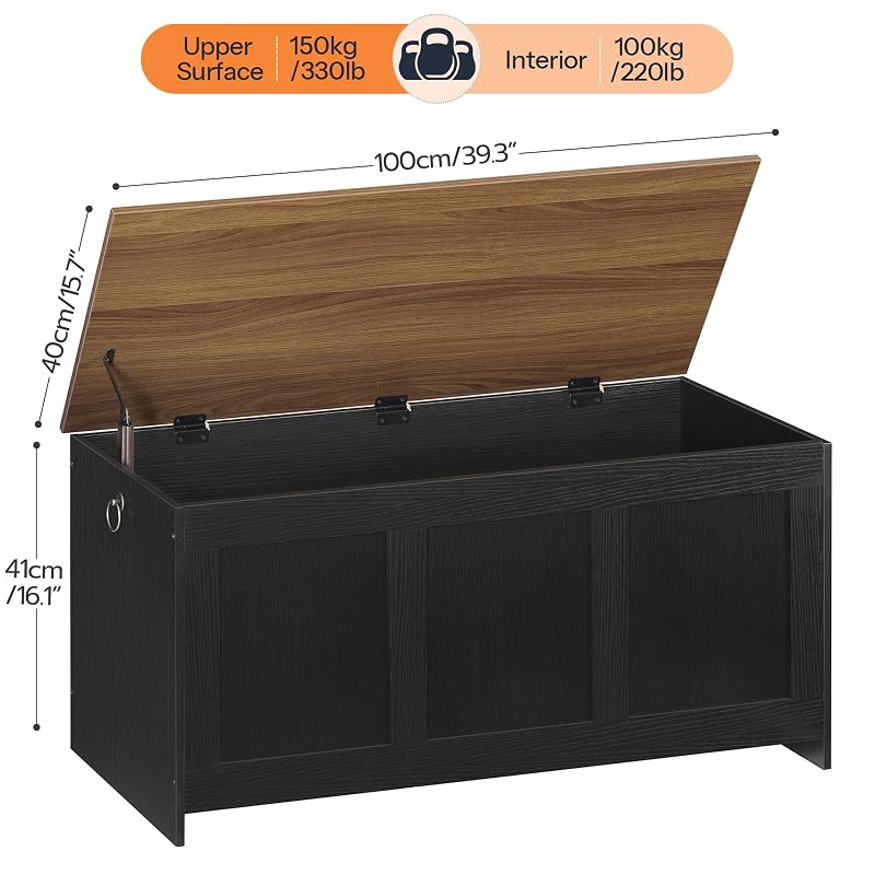 HOOBRO 39.3" Lift-Top Storage Bench with Walnut Top, Black Walnut - Multifunctional Storage Chest