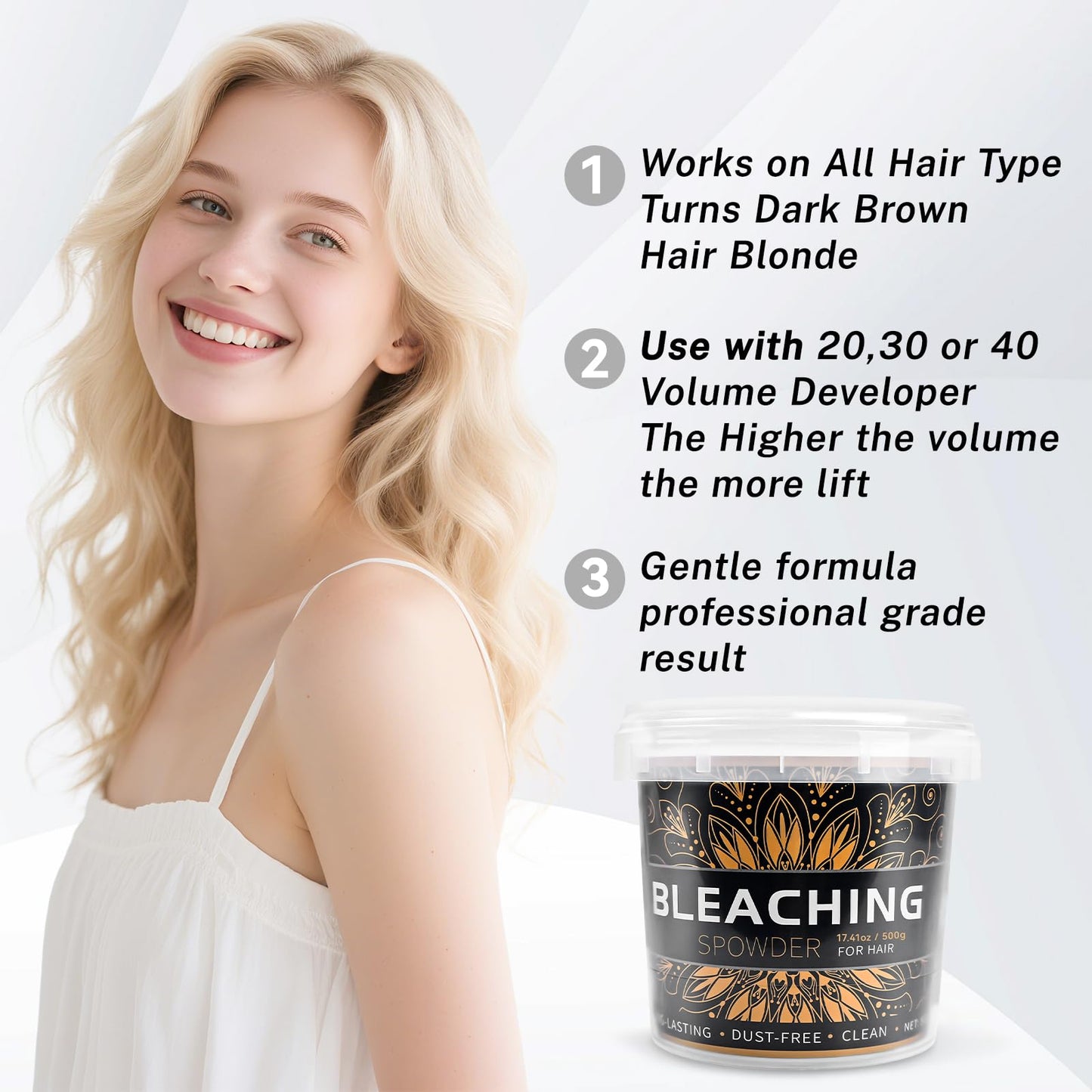 Hair Bleach 500g / 17.41oz, Large Capacity Salon Grade Bleach for Hair, Mild Bleach Powder Quickly Remove Hair Color, Refreshing Create Fashionable Styling