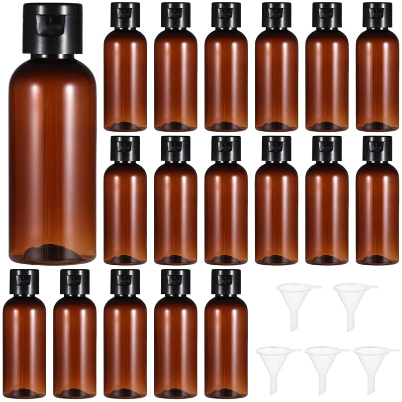 2 oz Travel Bottles with Flip Cap, 60ml Refillable Clear PET Containers — Brown Variation