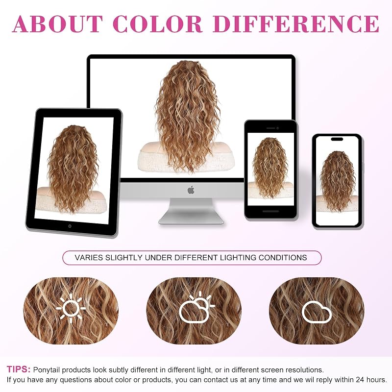 14 Inch Ponytail Extension with Claw Clip - Curly, Fluffy Synthetic Hair, Reddish Orange with Blonde Highlights
