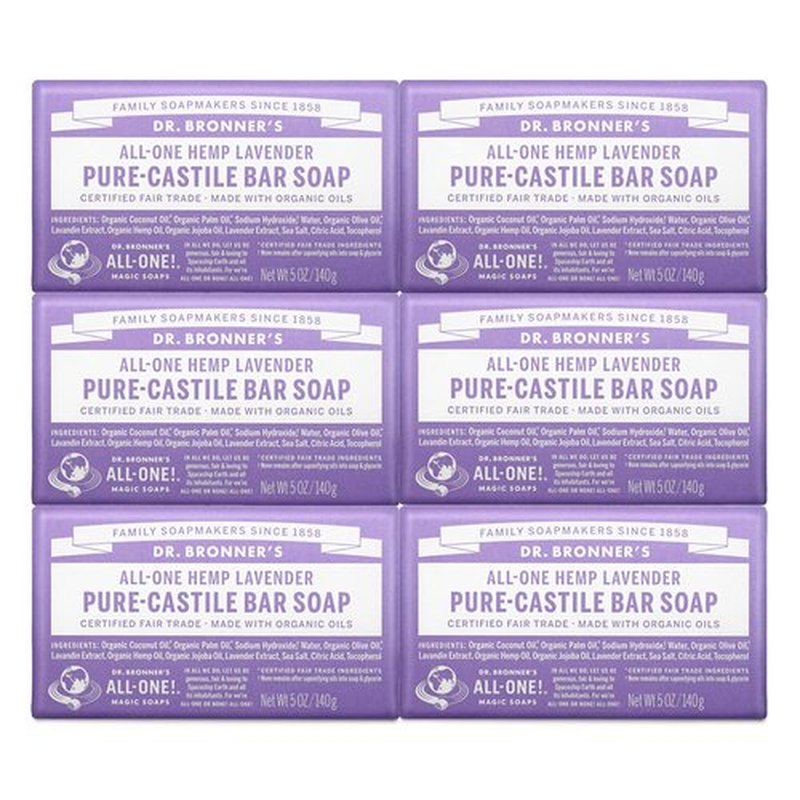 Dr. Bronner's - Pure-Castile Bar Soap (Lavender, 5 ounce, 6-Pack) - Made with Organic Oils, For Face, Body and Hair, Gentle and Moisturizing, Biodegradable, Vegan, Cruelty-free, Non-GMO