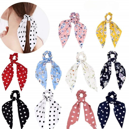 4PCS Large Bow Ribbon Hair Scrunchies | Floral Rayon Chiffon Scarf Ties - Double Wear Headband & Ponytail Holder for Women