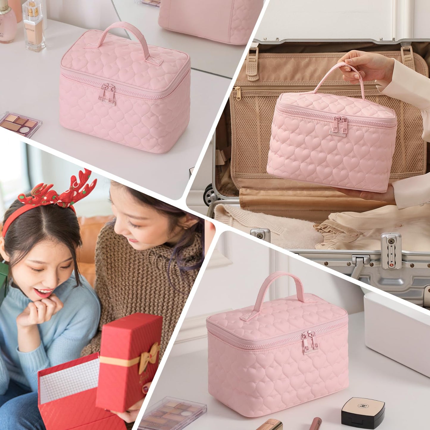 RIGHT AWAY Makeup Bag,Large Cosmetic Bags for Women Girls, Quilted Train Case Make Up Bag with Handle,Travel Makeup Case Organizer,Cute Toiletry Bag Vanity Bag(Pink)