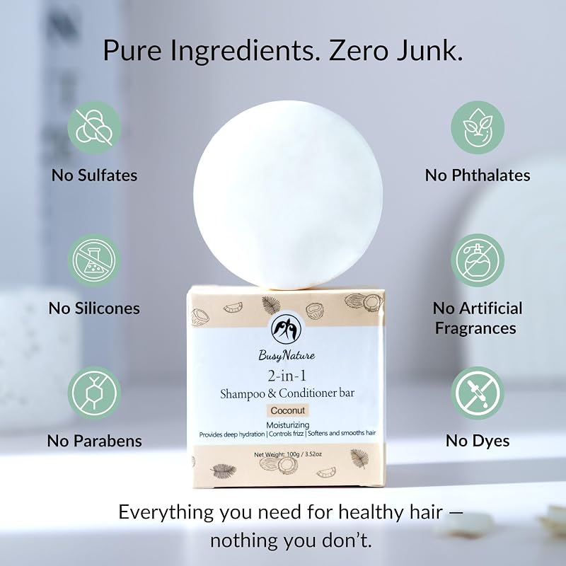 Coconut 2-in-1 Shampoo & Conditioner Bar – Moisturizing, Frizz Control, Sulfate-Free