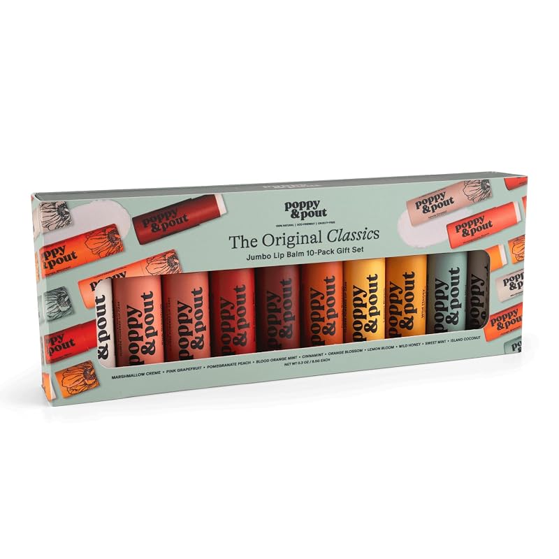 Jumbo Lip Balm Gift Set — 10 Flavor All-Natural Beeswax Balms in Recyclable Tube - Poppy & Pout Variation: 10pk All Flavors