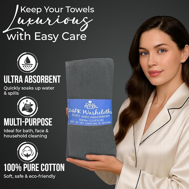 Assorted 24 Pack 12x12 Cotton Washcloths Set - 100% Cotton, Grey & White