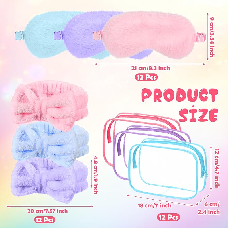 Sleepover Spa Gift Set - 36 Pcs with 12 Headbands 12 Eye Masks 12 Clear Bags (Pink Blue Purple) - Coral Velvet