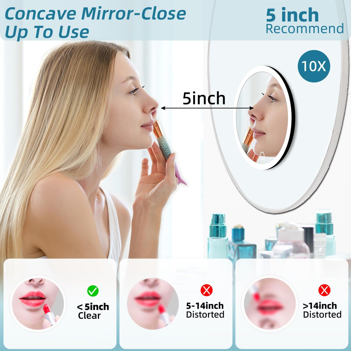 JJhxr 10X Magnifying Mirror with Lights, 10x Magnified Mirror with 3 Suction Cups, 3 Color Dimmable Lighted Makeup Magnification 6inch Travel 10X Magnification with Tweezers & Scissors