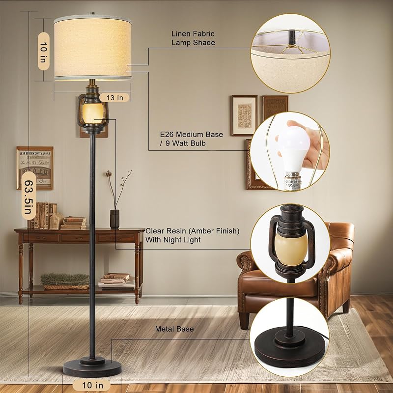 LuxSight Vintage Floor Lamp with Night Light - Dark Brown 63.5-Inch