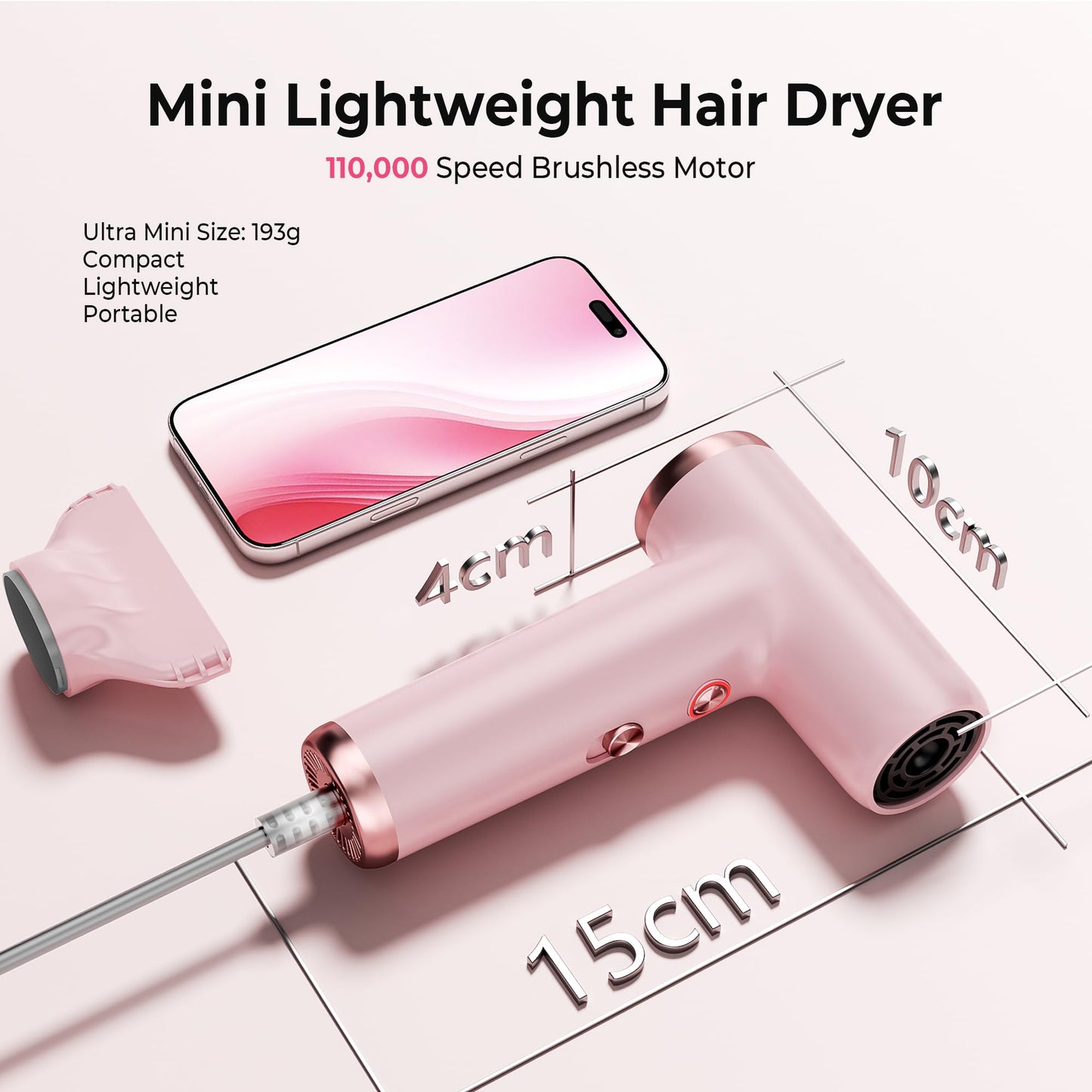 Mini Hair Dryer, 4-Temp High Speed Ionic Hair Dryer, 2-Speed Lightweight Portable Small Hair Drye, 110,000 RPM Hair Blow Dryer Travel Blow Dryer