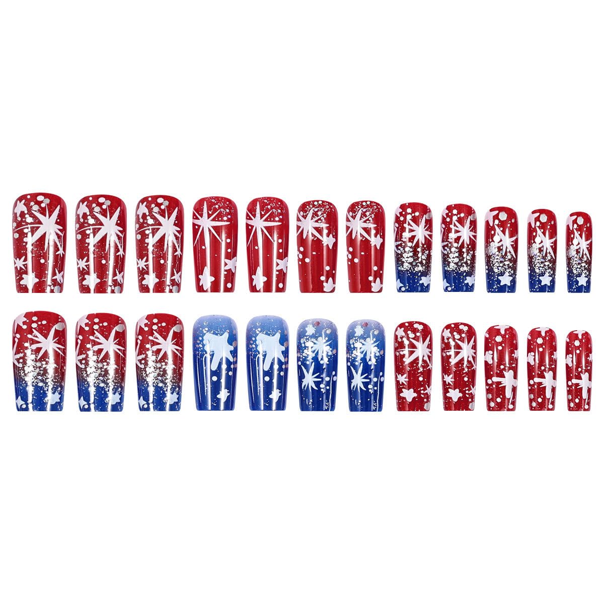 24Pcs Independence Day Gradient Press on Nails Medium Square 4th of July Glitter Stars Fake Nails patriotic Design False Nails Full Cover Stick on Nails Memorial Day Nails for Women Nail Decoration