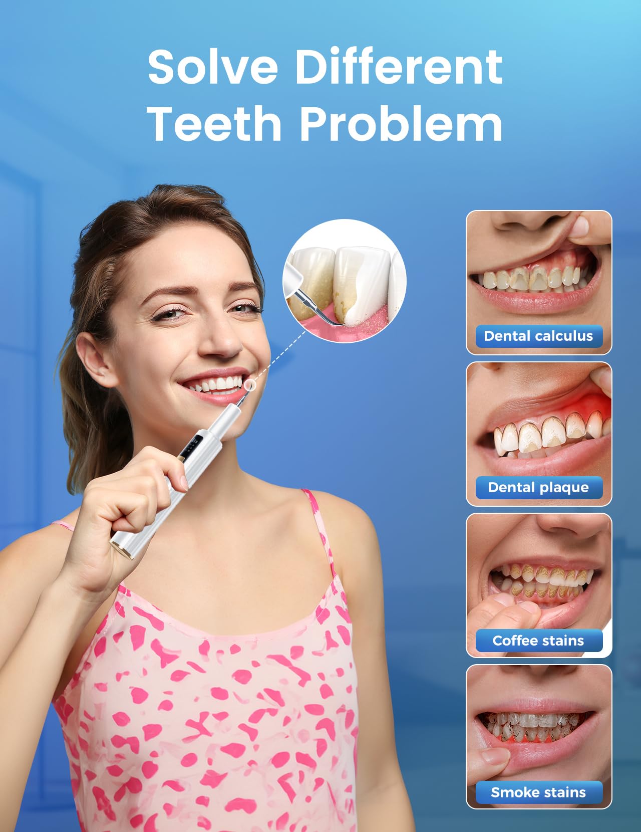 Plaque Remover for Teeth, Tartar Remover for Teeth with 3 Modes & Tongue Cleaner – Rechargeable Teeth Cleaning Kit with LED Light, Portable, Includes 2 Replacement Heads