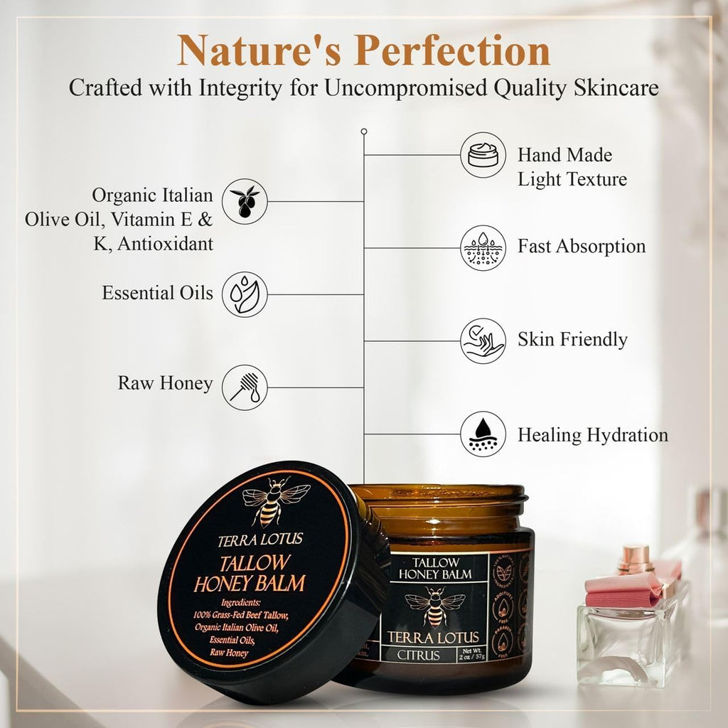 Terra Lotus - Organic Grass-Fed Beef Tallow Balm with Raw Honey - Moisturizing Cream for Soft, Smooth Skin - Handmade All-Natural Moisturizer (2 Oz, Unscented)