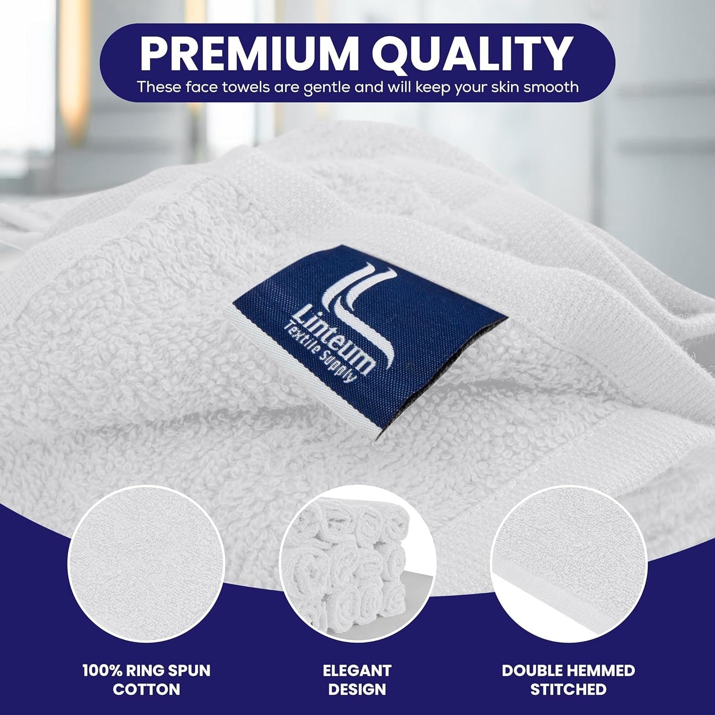 Linteum Textile Supply Premium Washcloths Set 100% Ring Spun Cotton Zero Twist Wash Cloths 12x12 Inches Absorbent Hand Towels Quick Dry Face Towels for Bathroom, Spa, Gym [Pack of 12] White