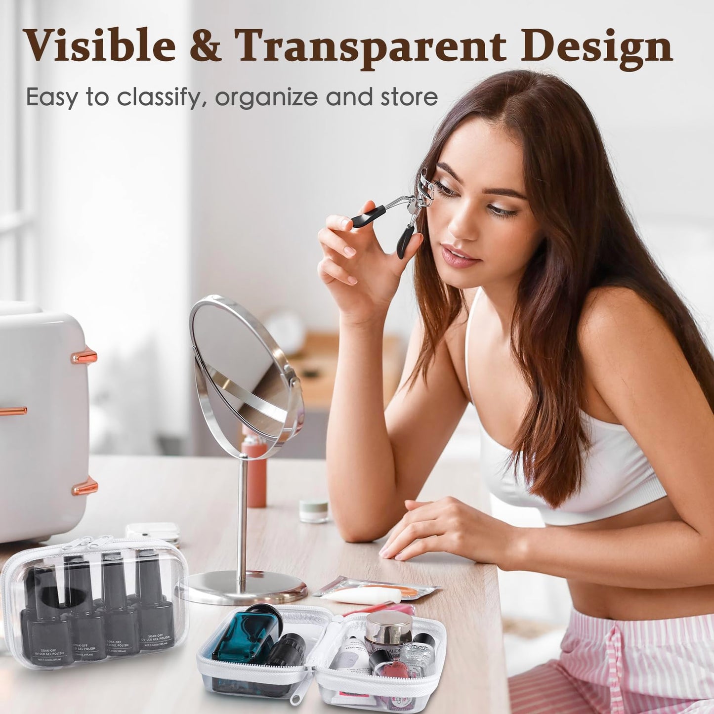 EYAYEN Clear Hard Shell Zipper Case 3 Pack Transparent Storage Box Containers Makeup Pouches for Small Item Waterproof Cosmetic Organizer Bags for Travel Toiletries (White,8"x 4")