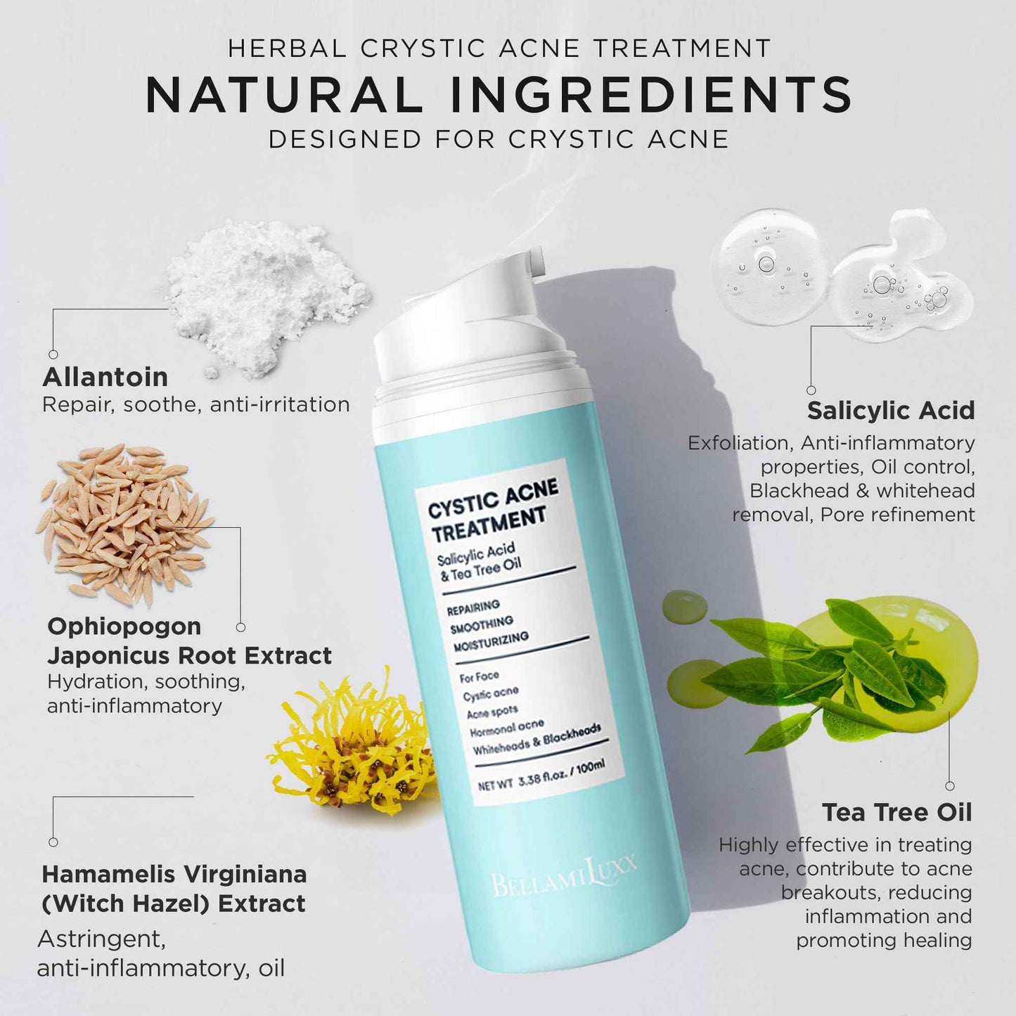 Acne Treatment for Face: Cystic Acne Spot Control Cream with Salicylic Acid & Tea Tree Oil for Blemishes - Gentle Hormonal & Pimple Treatment for Teens & Adults - 120 Day Supply & 3.38oz