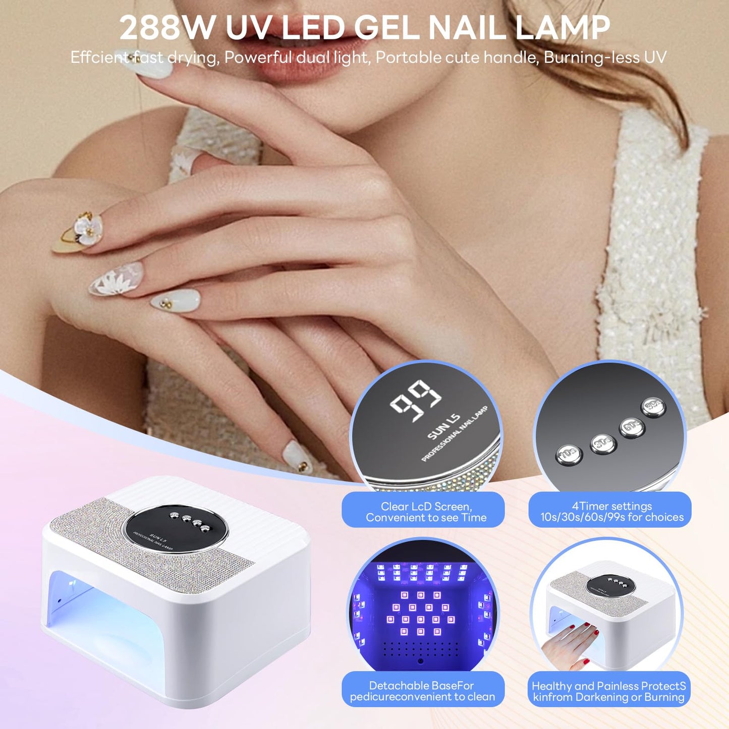 268W Super Power Nail Lamp, Professional Fast Drying, LED UV Dual Light Source, 45 Lamp Beads (L5)