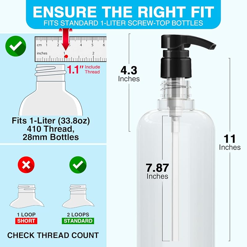 Shampoo Pump Dispenser for 1 L Bottles - 20 Pack Black & White with Lock Top