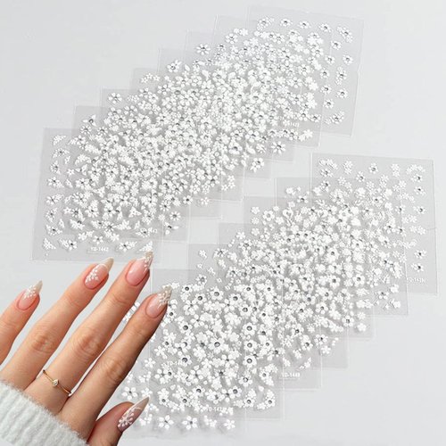 30 Sheets White Rhinestones Flower Nail Art Stickers, 3D Self Adhesive Flower Nail Sticker Design Holographic Small Floral with Rhinestones Nail Art Decals Nail Supplies for Women Nail Decoration