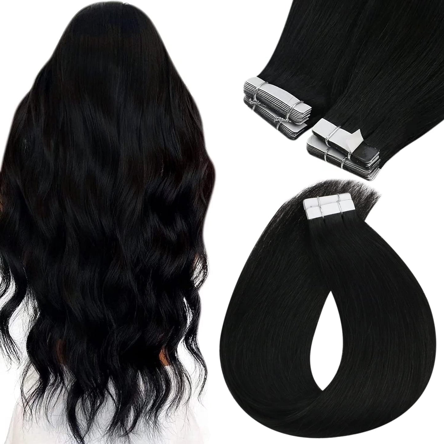 Sunny Hair Tape in Hair Extensions Real Human Hair Invisible Remy Hair Extensions Tape ins for Women Jet Black 22 inch 20Pcs 50G