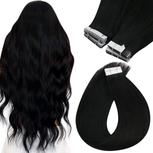 Sunny Hair Tape in Hair Extensions Real Human Hair Invisible Remy Hair Extensions Tape ins for Women Jet Black 22 inch 20Pcs 50G