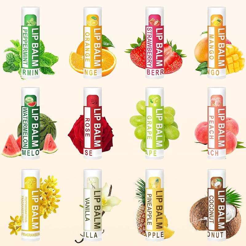 DMSKY 60 Pack Lip Balm Bulk - 12 Flavors Moisturizing Hydrating Gift Set, Scented Lip Care