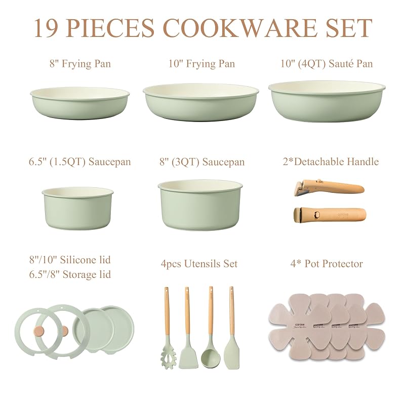 Carote 19-Piece Pots & Pans Set with Detachable Handles - Green Sage (Includes 8" & 10" Frying Pans, 1.5-qt to 4-qt Saucepans, Lids, Protectors)