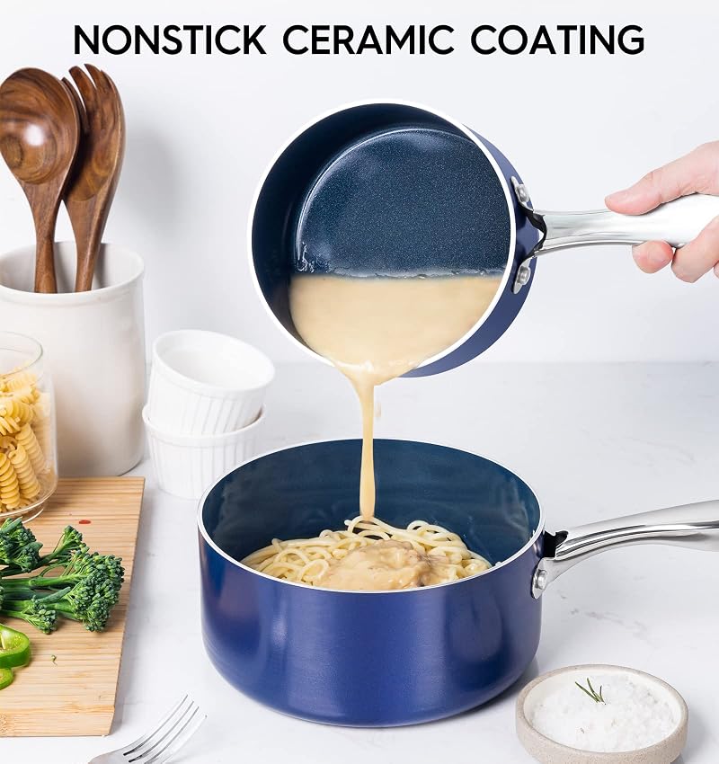 Ceramic Nonstick Sauce Pan Set 1 Qt + 2 Qt + 3 Qt with Lids - Blue