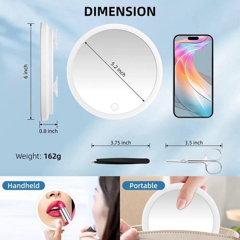 5X Magnifying Mirror with Light, Magnifying Mirror with 3 Suction Cups, Lighted Makeup Magnifying Mirror 3 Color Dimmable Travel Magnifying Mirror, Large 5X Magnified Mirror with Tweezers and Scissors