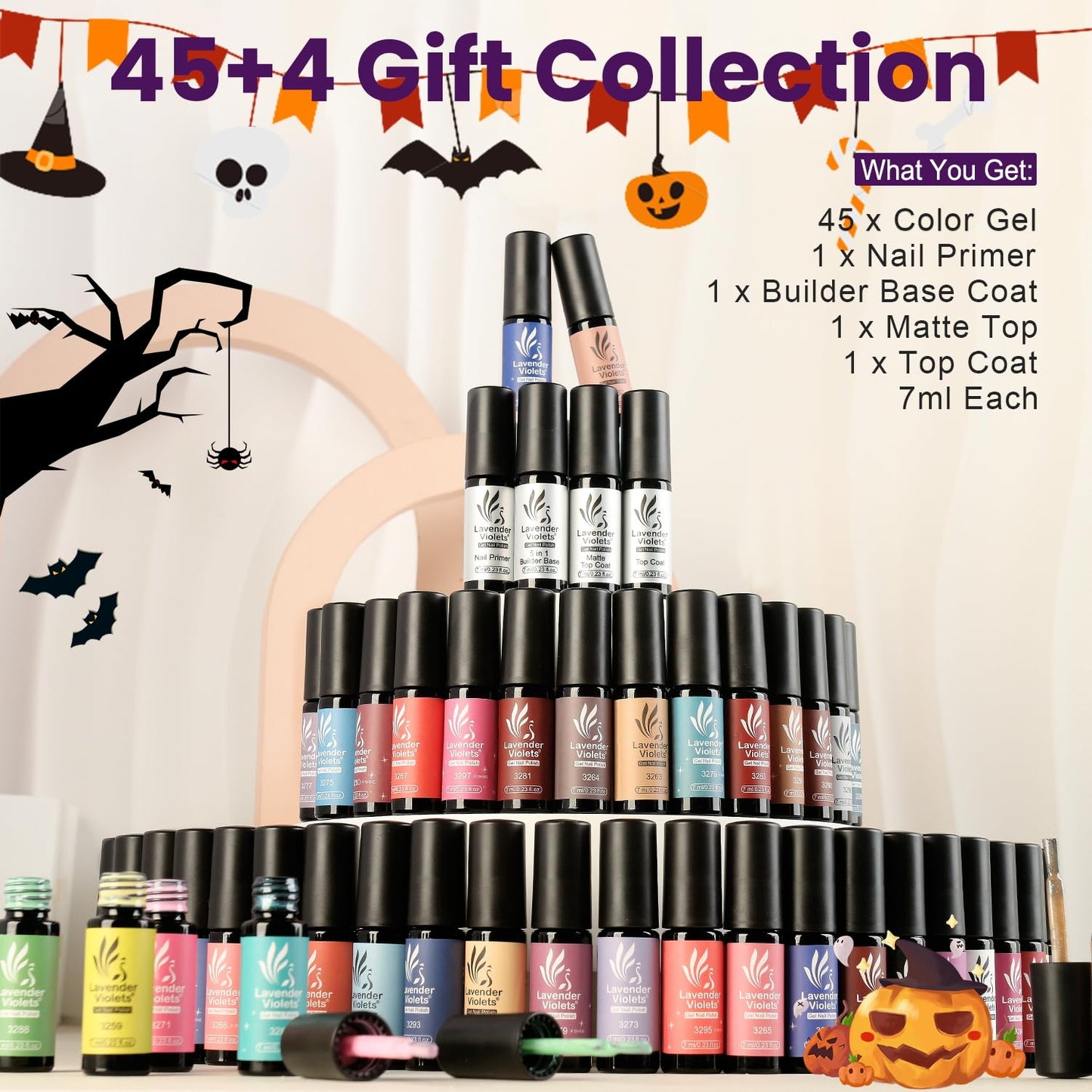 Lavender Violets 49 Pcs Gel Nail Polish Set, 45 Colors Gel Polish U V LED with Base, Glossy & Matte Top Coat for Nail Art Designs A907