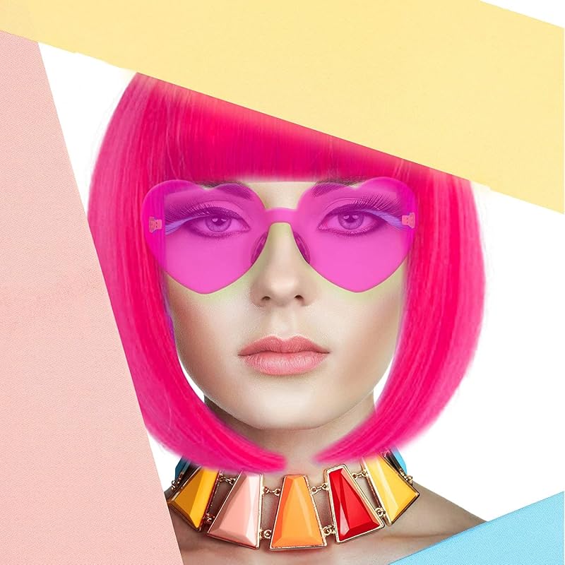 Hot Pink Bob Cosplay Wig with Bangs 6Pcs & Heart Sunglasses - Halloween Party Set