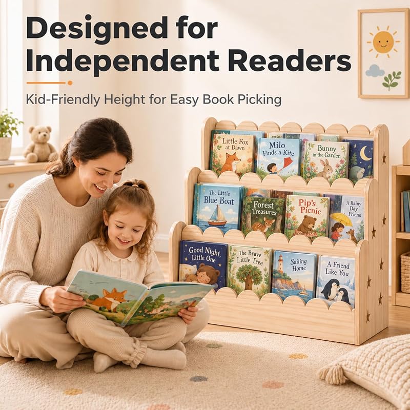 3-Tier Kids Bookshelf - Front-Facing Natural Wood Bookcase