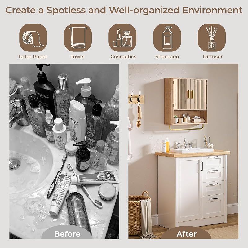 Natural Wood Bathroom Wall Cabinet with Fluted Door, 5-Level Adjustable Shelf