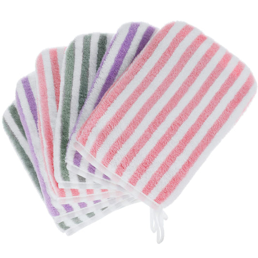 6 Striped Bath Mitts Washcloths, PHOGARY Small Hand Towels with Hanging Loop, 5"x8" Super Absorbent Soft Coral Fleece Face Towels Kid Teen Adult Body Facial Cloths Machine Washable Cloth for Showering