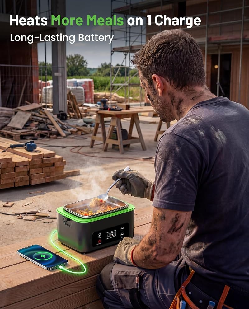 TaskStar Green 100W Cordless Heated Lunch Box with 1.2L Capacity – Scheduled Heating, Leakproof, Battery Operated