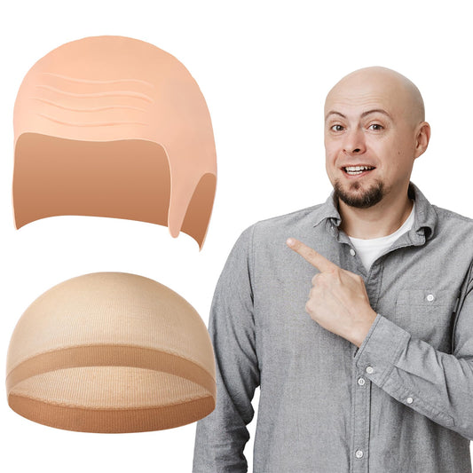 Wavwavw 2 Pcs Halloween Bald Cap Nylon Wig Caps Makeup Latex Head Caps for Women Men for Halloween Party Cosplay Theater(Wrinkle Skin,L)