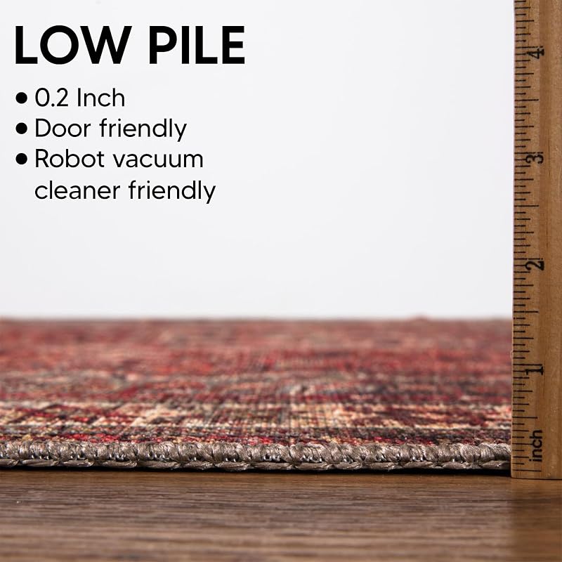 Red / Turquoise Blue 4' x 6' Vintage Washable Area Rug with Non-Slip Backing