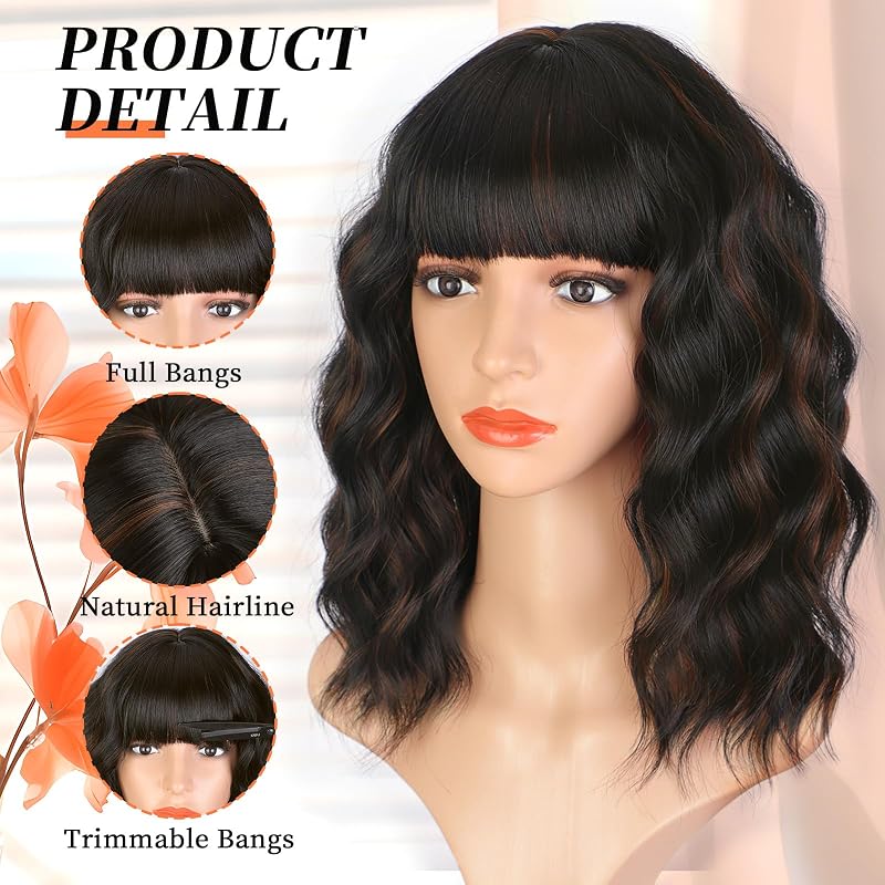 Variation: Black Mixed Brown Bob Wig with Bangs, Short 14 Inch Wig for Women