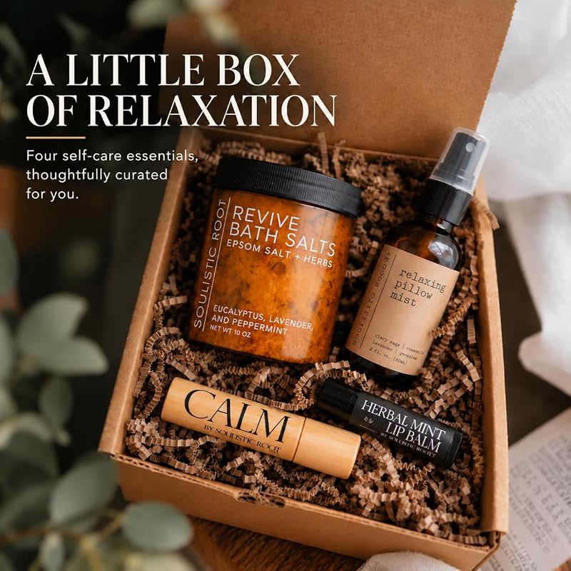 Relaxing Spa Gift Set - Pillow Spray, Mint Lip Balm, Calming Oil Roller & Epsom Salt Bath Soak