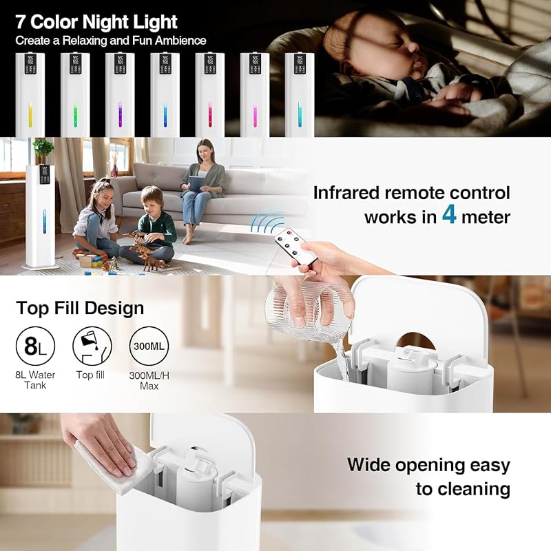White 8L Top-Fill Smart Humidifier with App & Remote, 550 Sq Ft Night Light 40H 3 Mist Levels