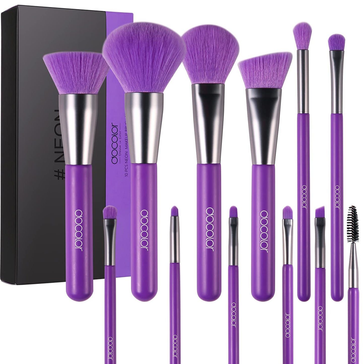Docolor Makeup Brushes 10Pcs Makeup Brush Set Premium Synthetic Powder Kabuki Foundation Contour Blush Concealer Eye Shadow Blending Liner Make Up Brush Kit - Neon Purple