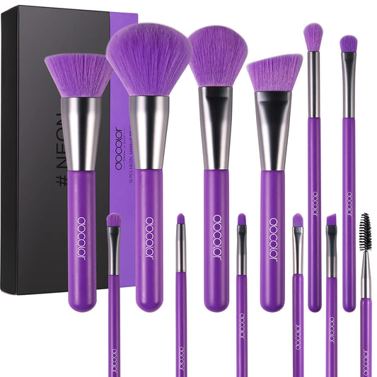 Docolor Makeup Brushes 10Pcs Makeup Brush Set Premium Synthetic Powder Kabuki Foundation Contour Blush Concealer Eye Shadow Blending Liner Make Up Brush Kit - Neon Purple