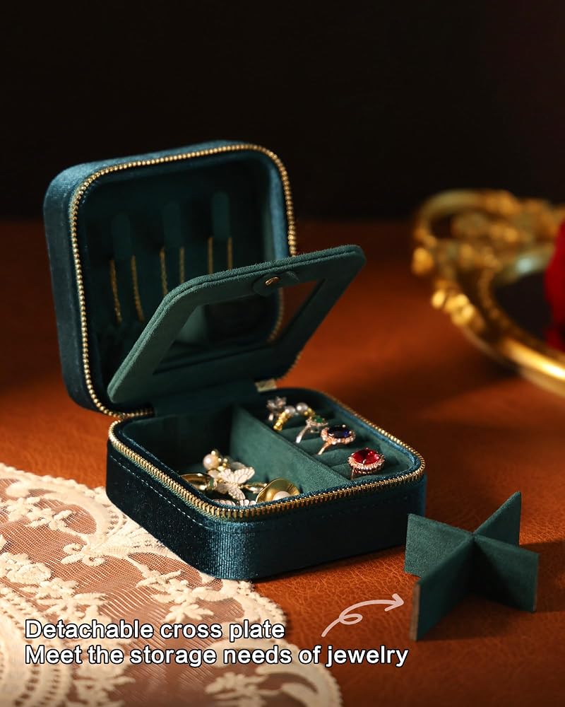 Velvet Jewelry Box Travel Organizer with Mirror - Light Blue, Adjustable Compartments