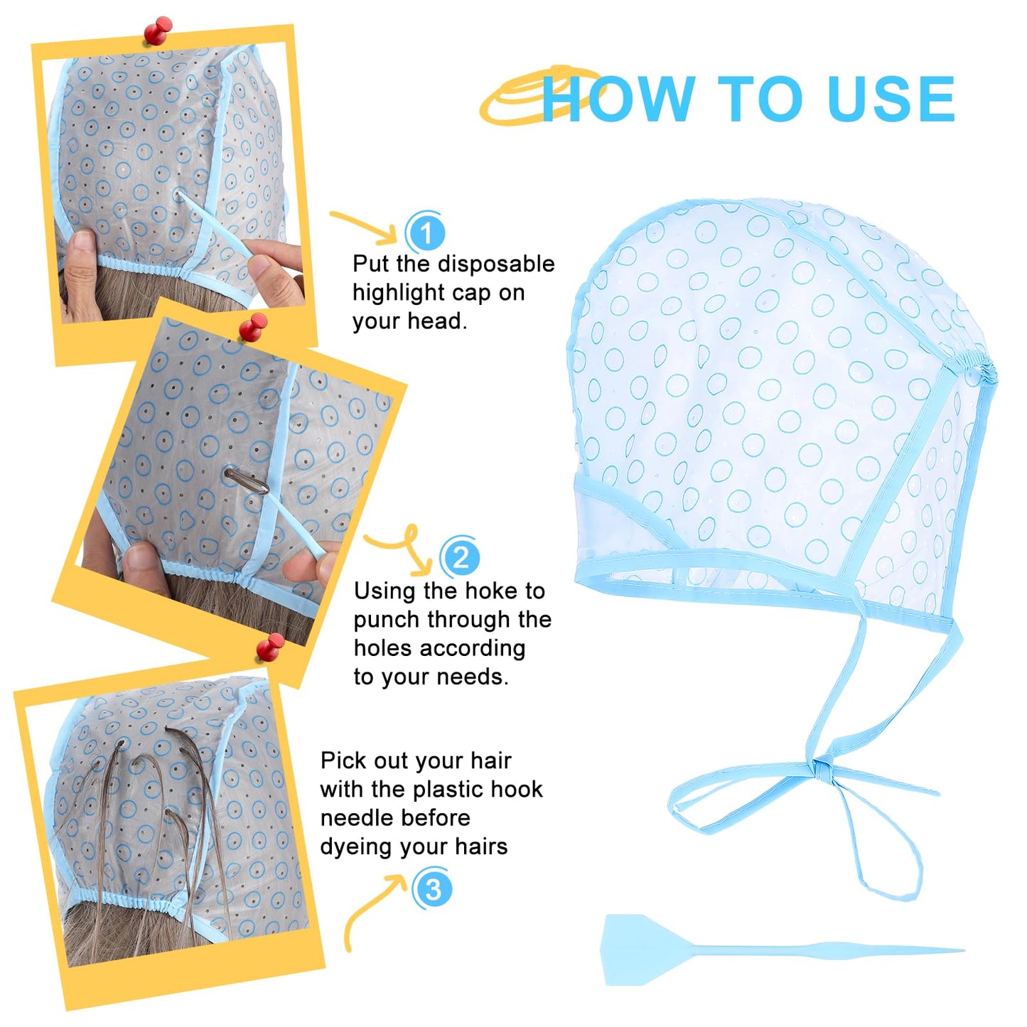 3PCS Highlight Caps For Hair Highlighting Cap Disposable Frosting Caps for Highlighting Hair Dying Highlights Cap With 3 Plastic Crochet Hooks for Dying, Bleach, Salon and DIY Hairdressing(Blue)