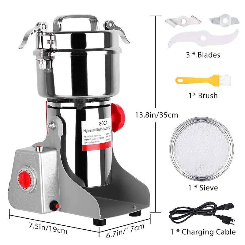 800g 3000W Electric Grain Mill Grinder for Dry Grains & Spices - Stainless Steel Home Use
